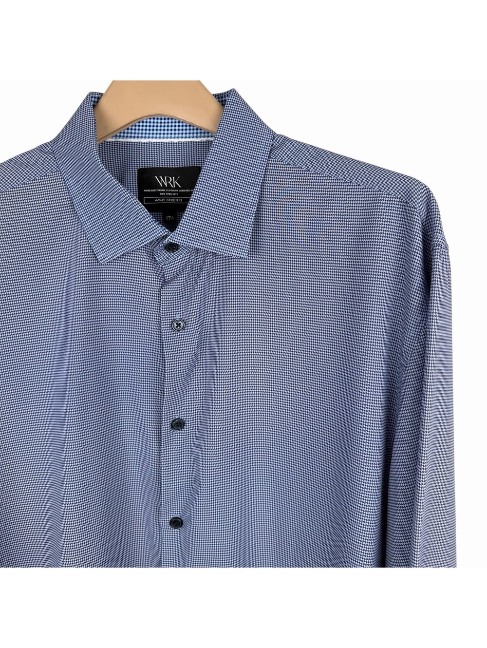 WRK Dress Shirt Mens 17.5 Blue Houndstooth Long Sleeve 4-Way Stretch Slim Fit XL
